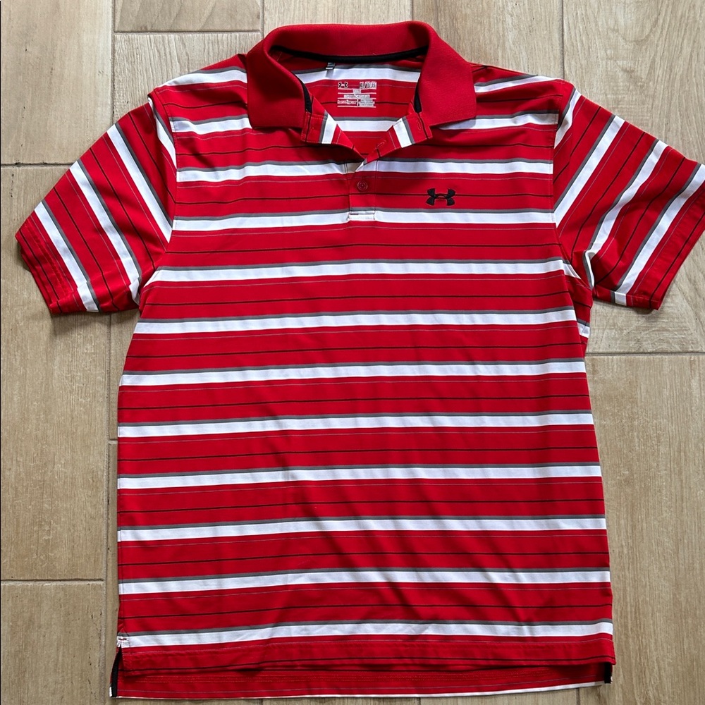 Under Armour Red Polo with Black and White Stripes